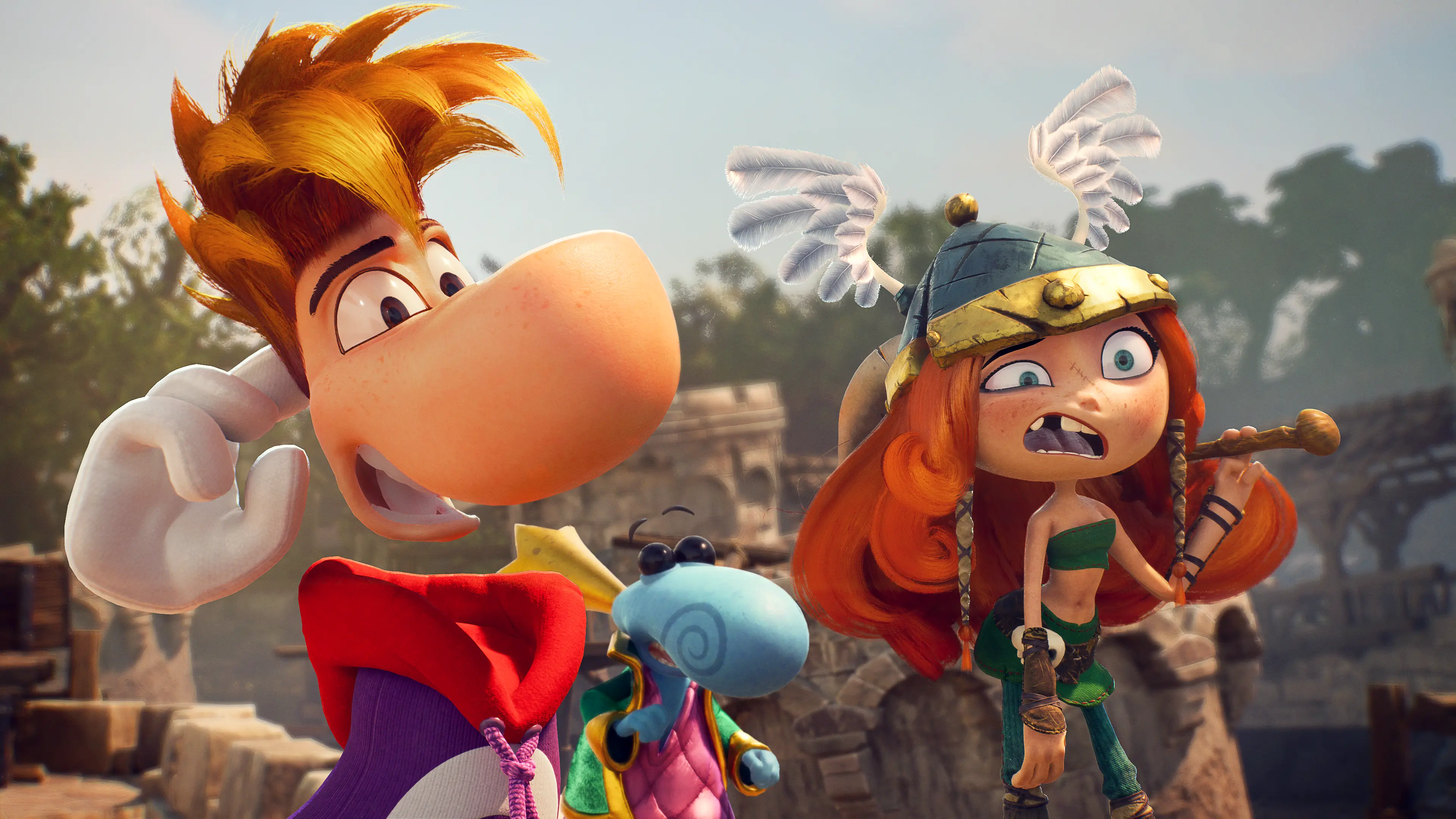 Arte promocional de Rayman Legends Retold mostrando personagens do jogo em estilo colorido