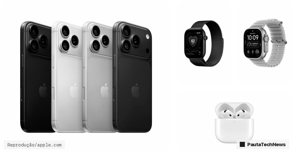 Linha do iPhone 18 Pro ao lado do novo Apple Watch e AirPods 5, imagem oficial da Apple