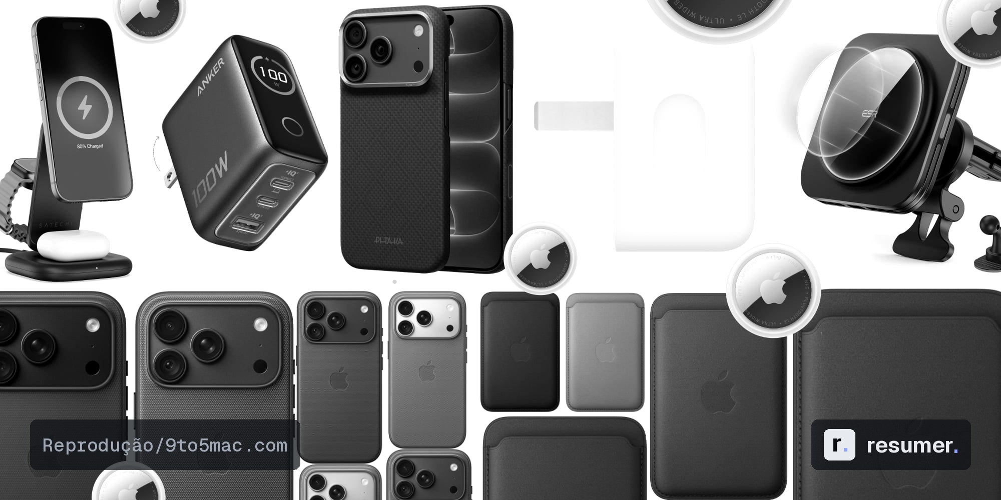 Seleção de acessórios para iPhone 18 Pro, incluindo capas, carregadores e adaptador de energia