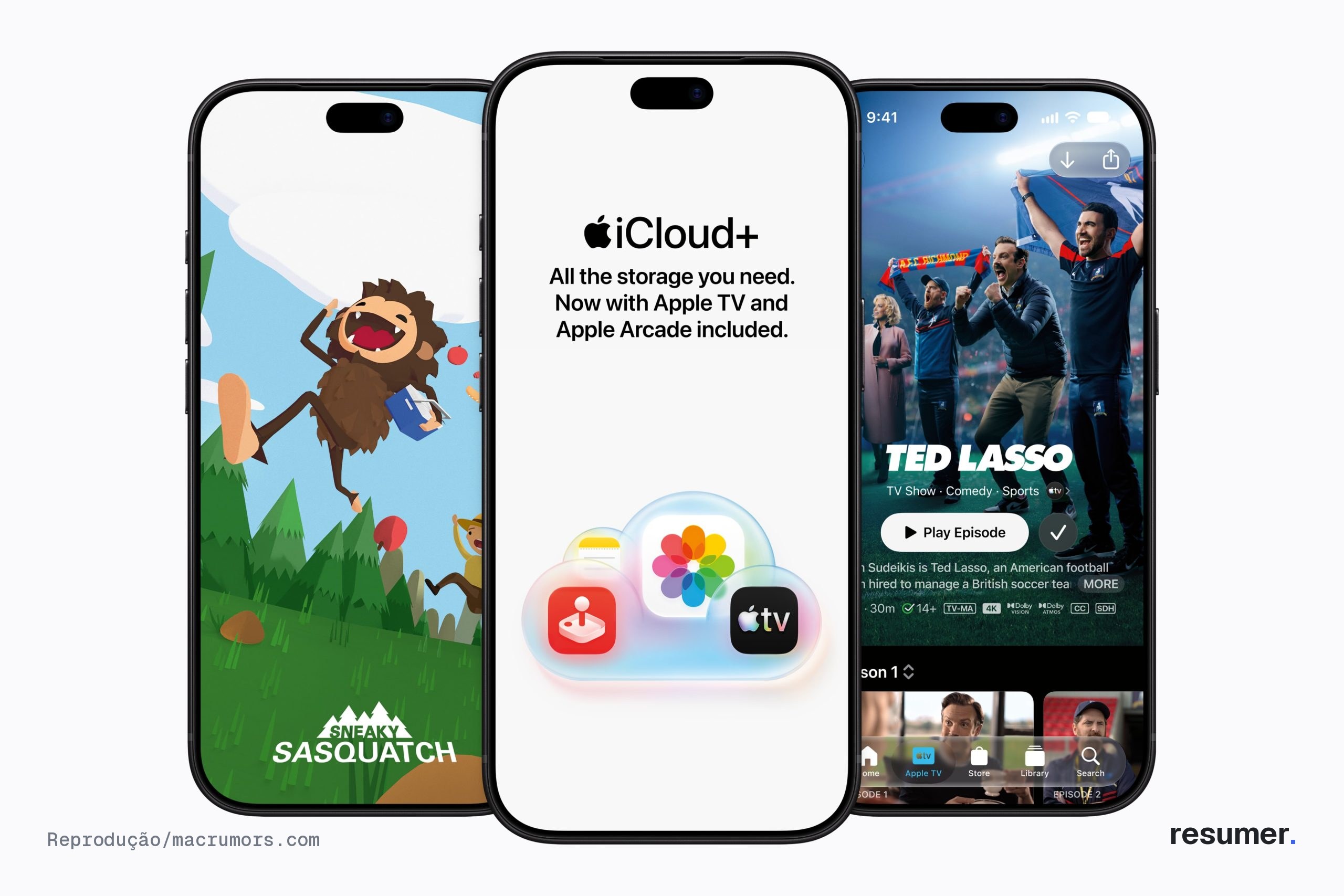 Ilustração promocional da expansão do iCloud+ com ícones do Apple TV e Apple Arcade