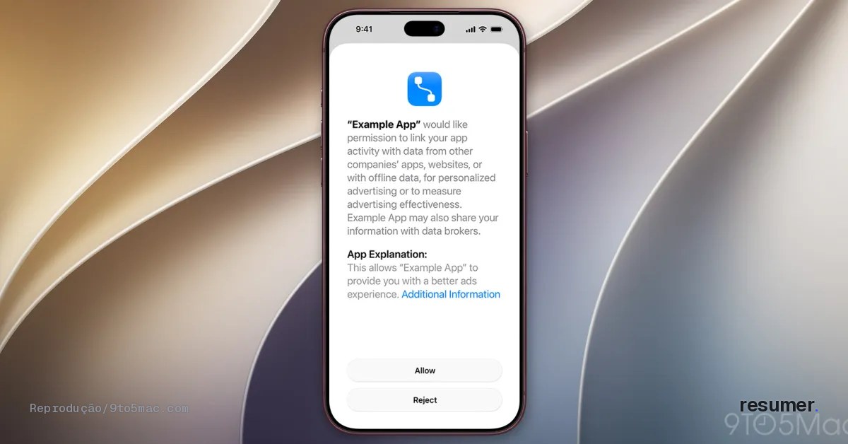 Ilustração do prompt de rastreamento de apps (App Tracking Transparency) da Apple para usuários na União Europeia