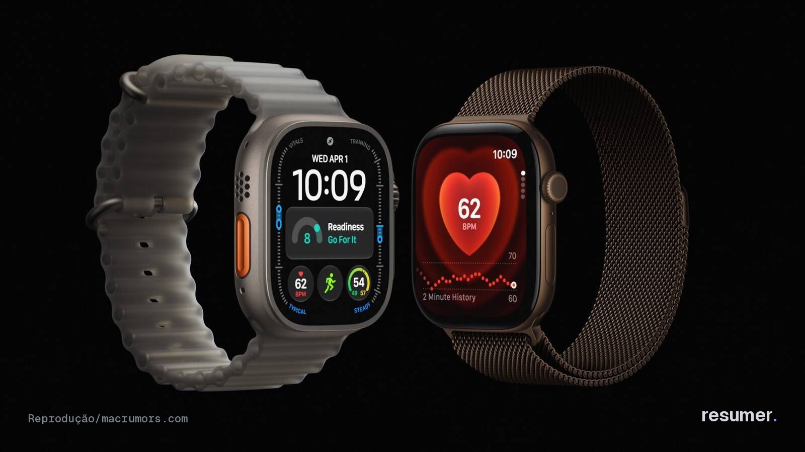 Apple Watch Series 12 e Ultra 4 lado a lado, exibindo caixas, pulseiras e mostradores dos novos modelos