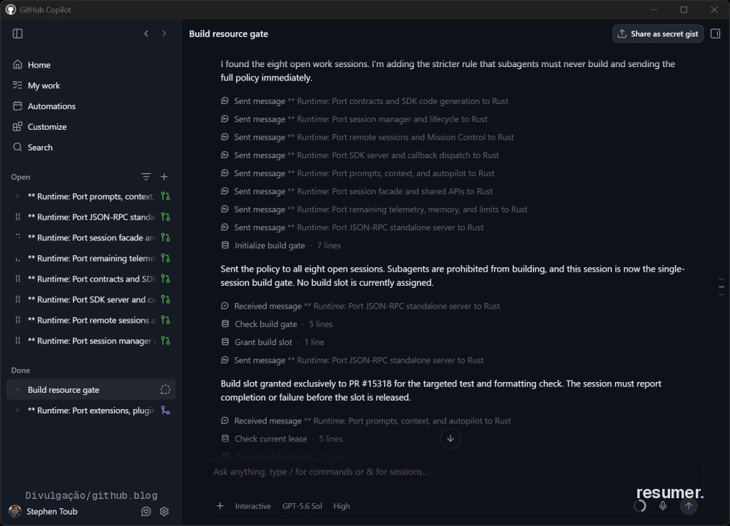 Interface do GitHub mostrando etapa de build/verificação relacionada ao novo runtime do Copilot