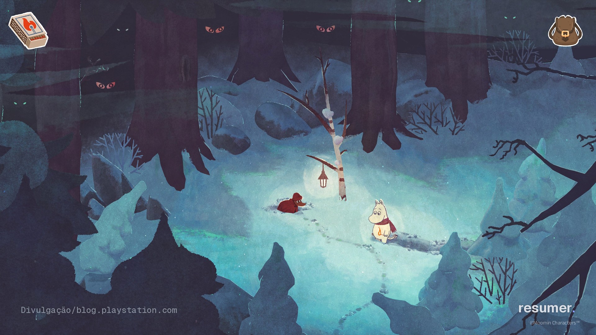 Arte oficial de Moomintroll: Winter's Warmth mostrando personagens dos Moomins em cenário de inverno