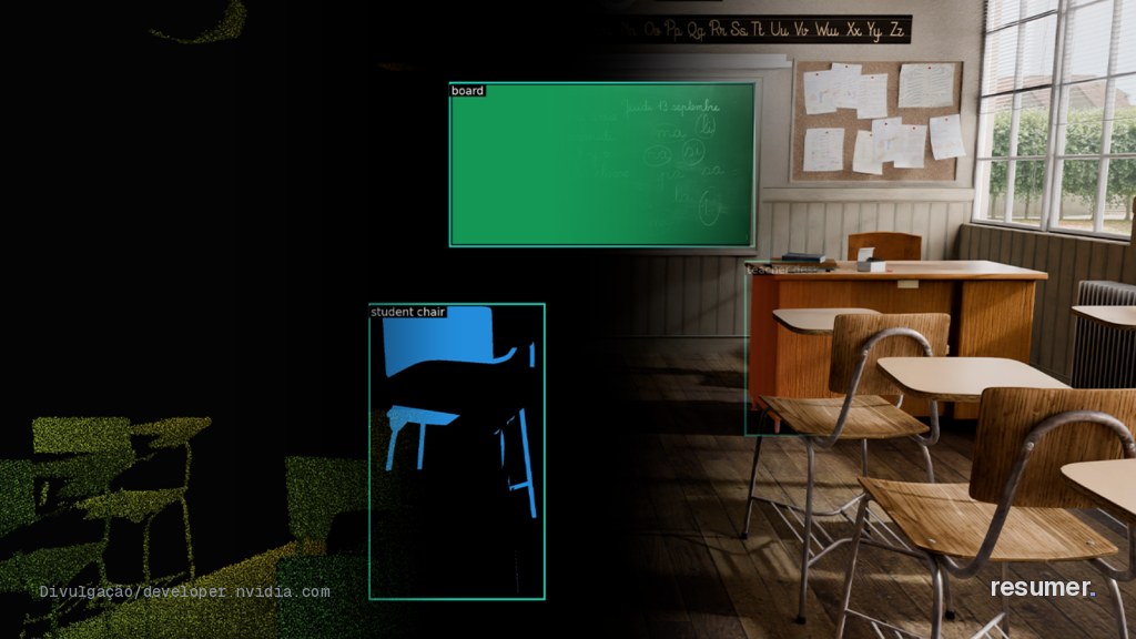 Cena 3D de sala de aula renderizada no Omniverse, ilustrando integração do NVIDIA Agent Toolkit