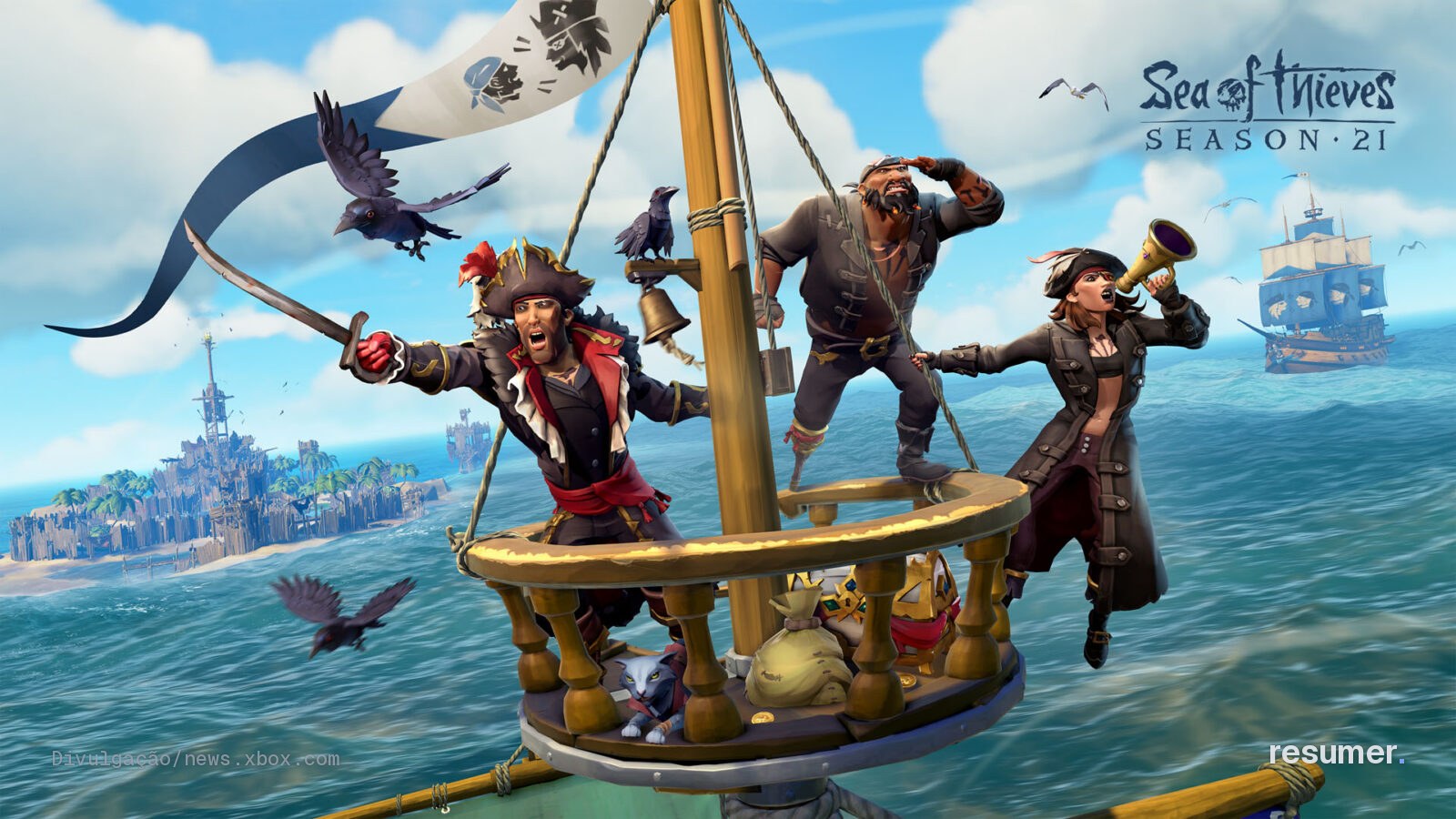 Arte-chave oficial da Season 21 de Sea of Thieves, com piratas e navio em cenário estilizado