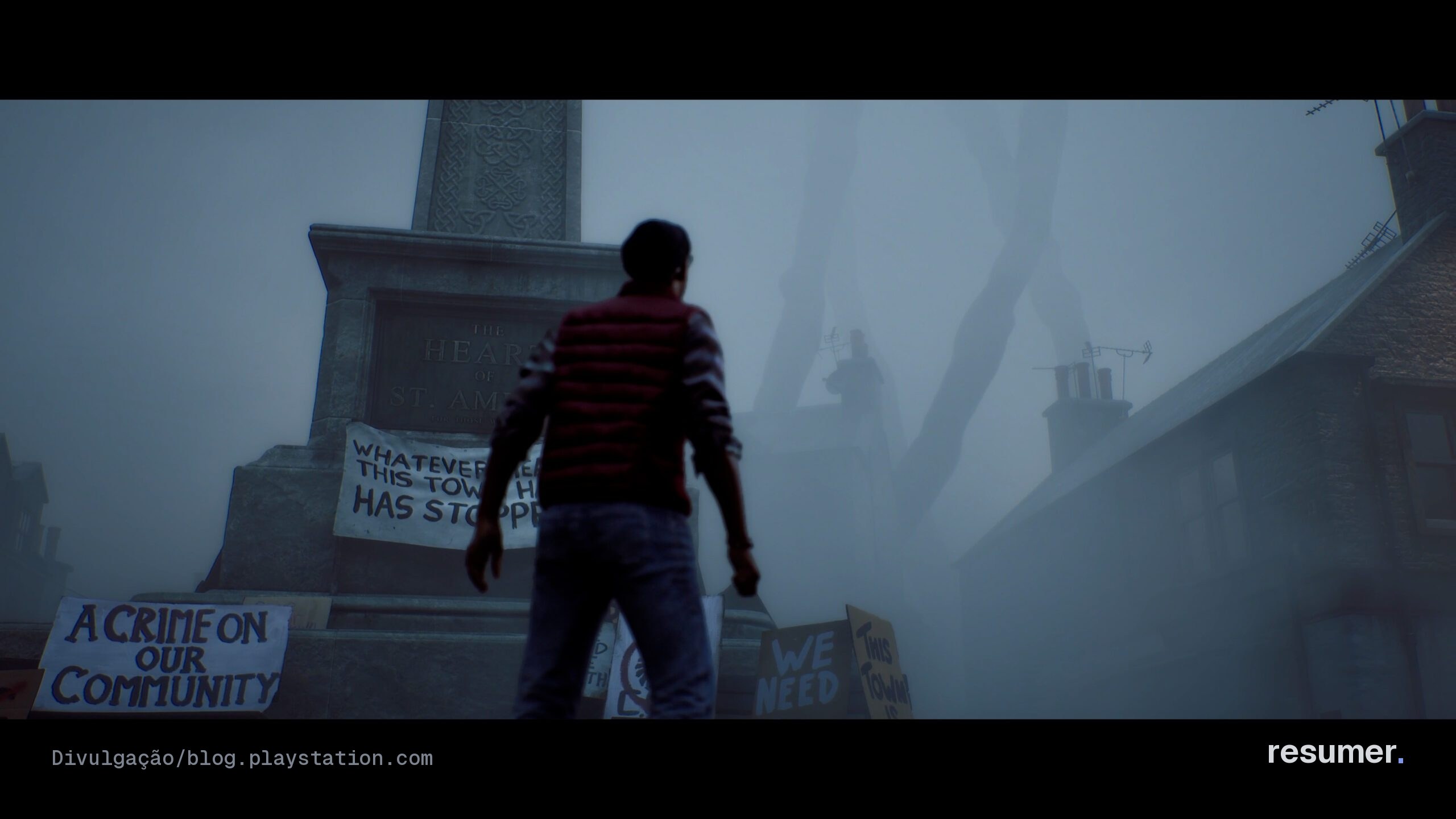 Cena em primeira pessoa de Silent Hill: Townfall mostrando o dispositivo CRTV usado para rastrear monstros