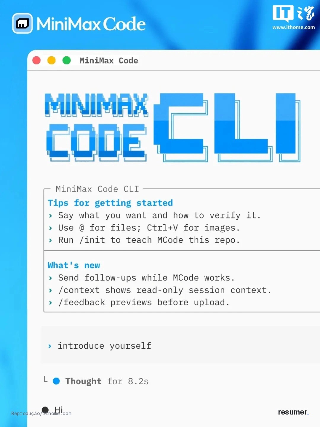 Interface da ferramenta MiniMax Code CLI com destaque para código aberto e testes