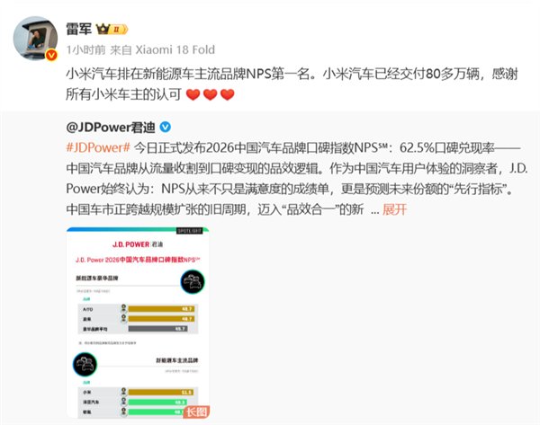 Xiaomi lidera ranking de qualidade de veículos elétricos de 2026