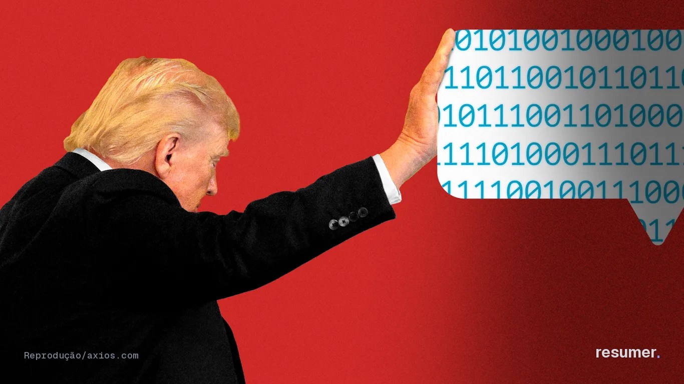 Trump em reunião com equipes de tecnologia, com fundo em tons de azul e branco