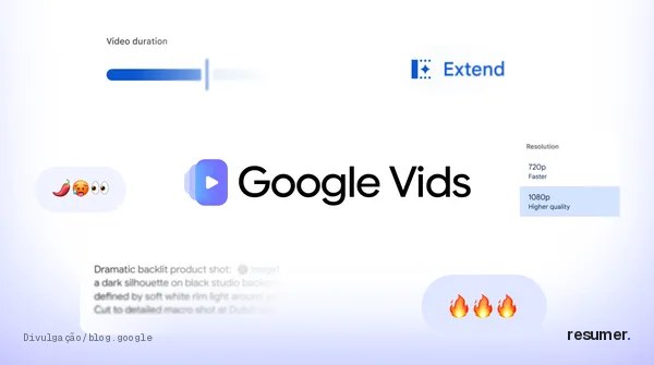 Tela de início da plataforma Google Vids com interface moderna e opções de criação de vídeos HD.