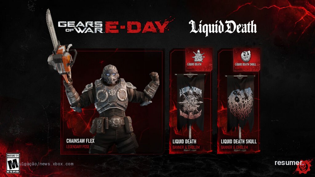 Personagens de Gears of War: E-Day em ação com elementos da identidade visual da série