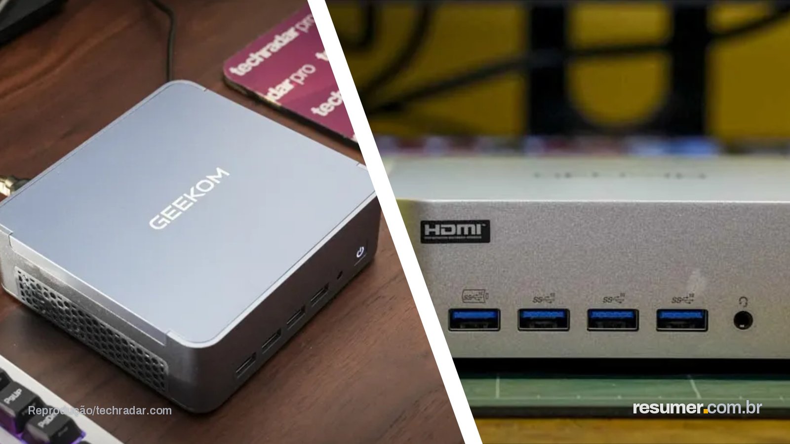 The Geekom AX8 Max and Geekom A9 Max on a desk during our testing in a split image format