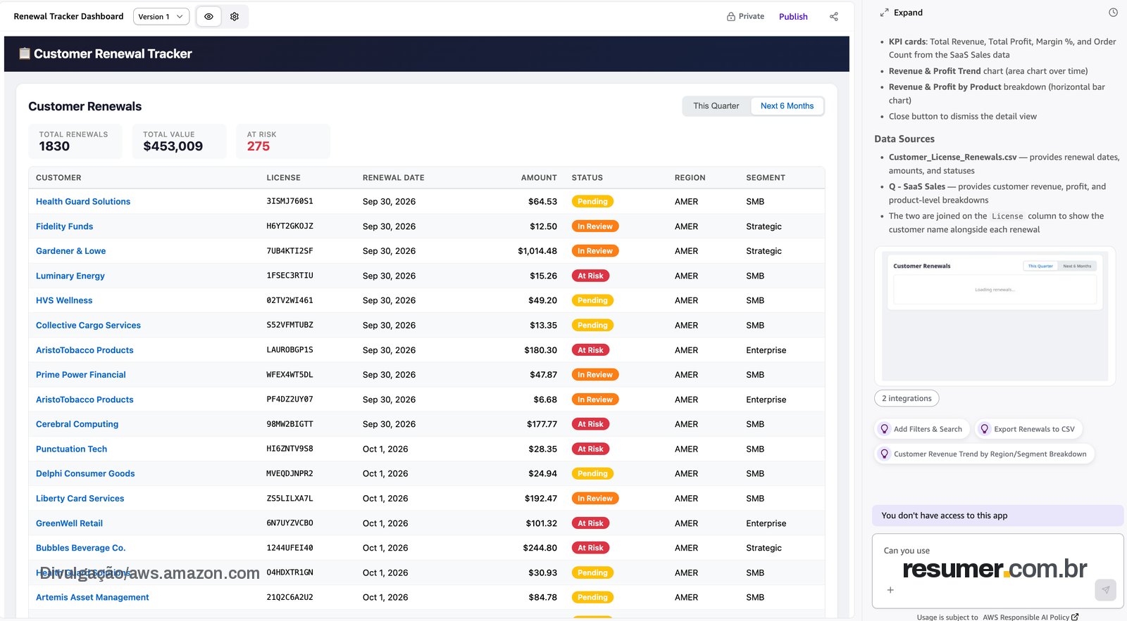 Preview of the built app listing customer renewals for the quarter