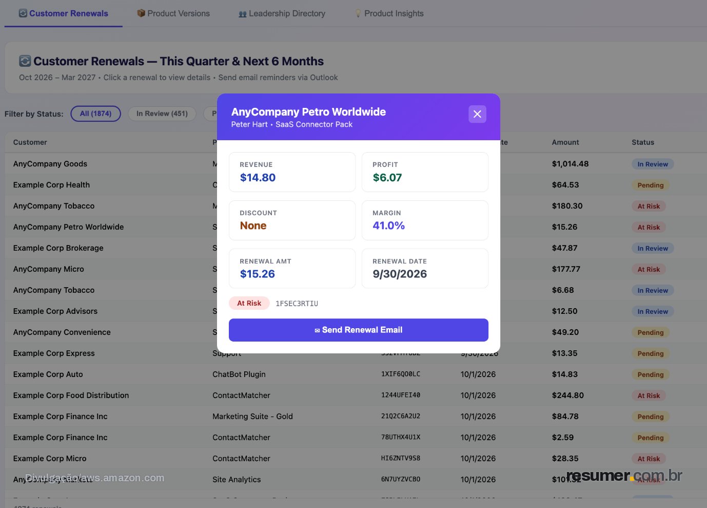App workflow listing deal renewals with filters and a revenue pop-up for a selected deal