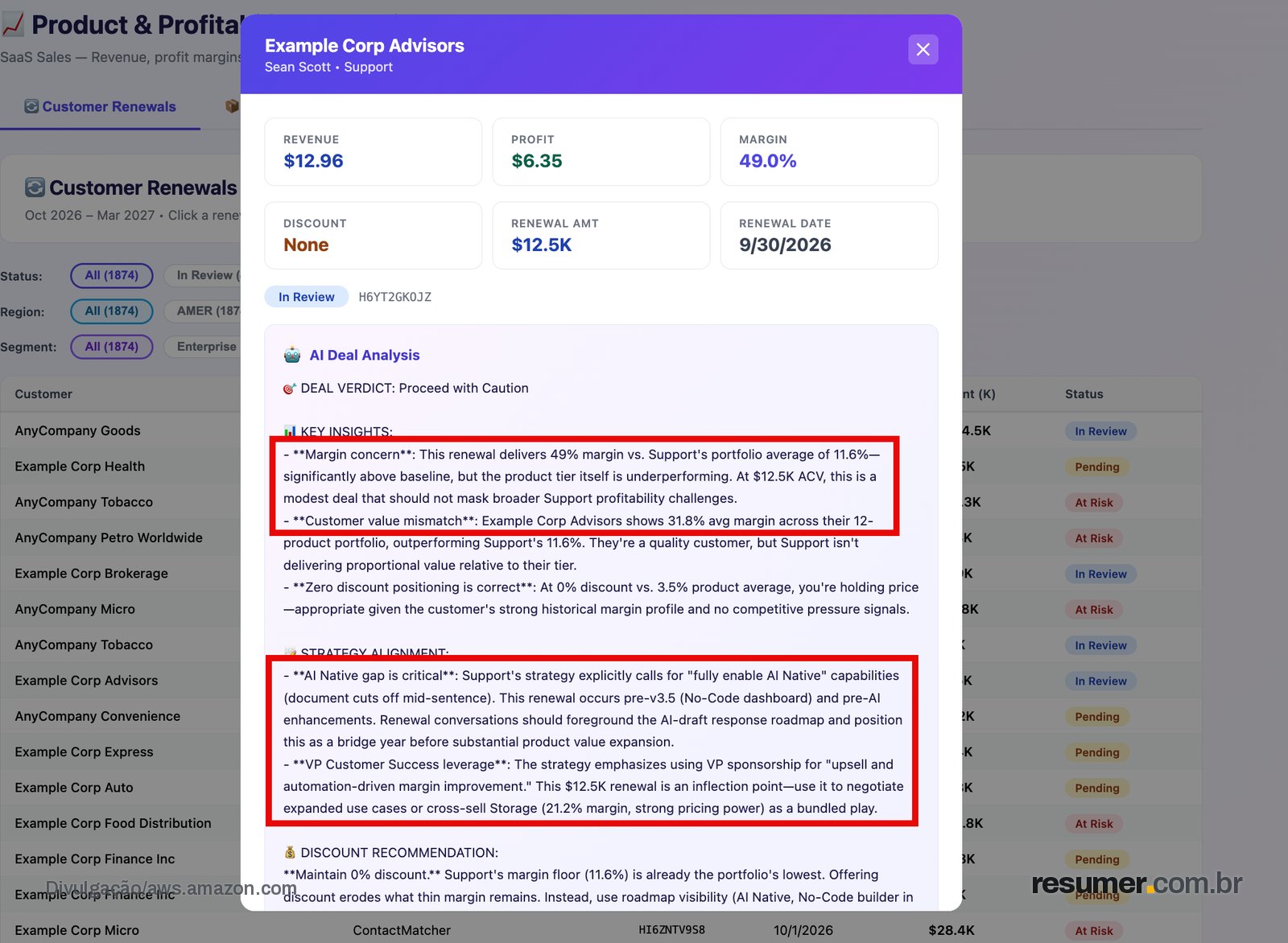 AI summary overlay recommending whether to proceed with a deal, combining revenue data and product strategy