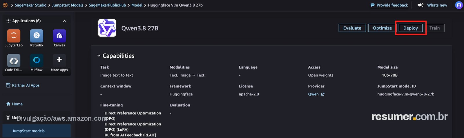 JumpStart model detail page for Qwen3.8 27B with the Deploy button highlighted and model capabilities listed