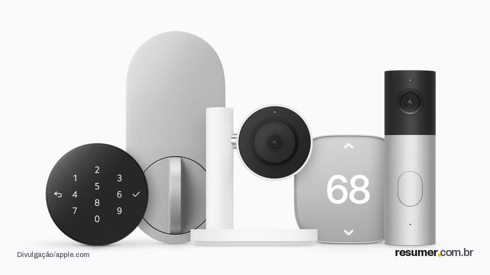 A showcase of Apple Home Collection accessories include the doorbell pad and interior lock mechanism of LG Electronics’ Smart