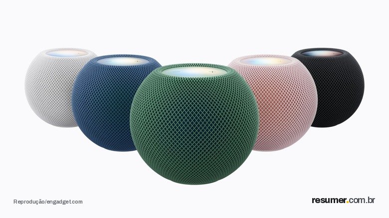 Round smart speakers in pink, blue, green, white and midnight color variants.