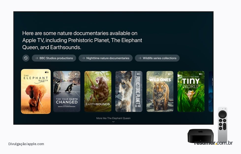 Apple TV 4K displays a Siri AI message with thumbnails to various documentaries. The message reads, “Here are some nature doc