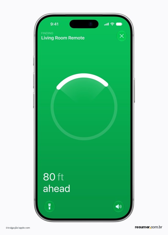 An iPhone 18 Pro screen shows Find My locating a Siri Remote, with the message “80 ft ahead.”