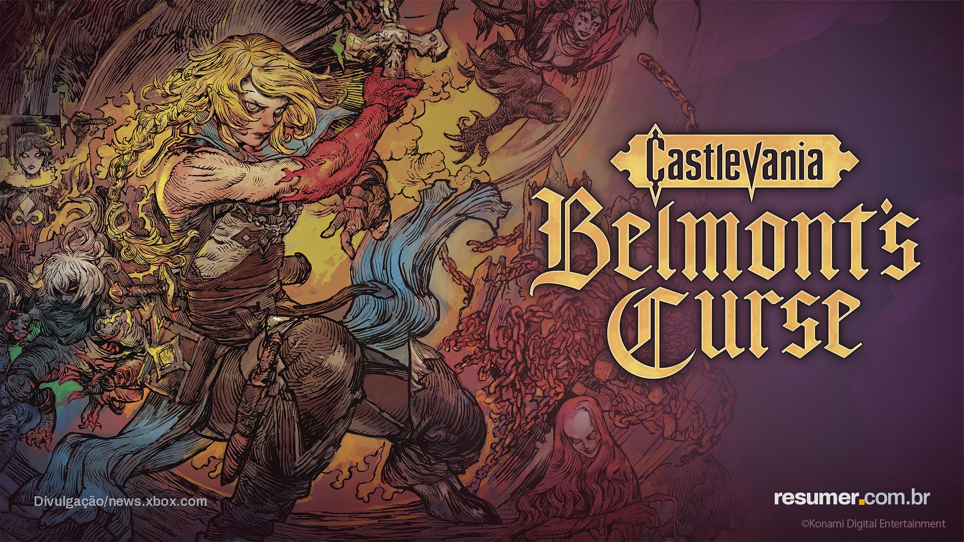 Capa do jogo Castlevania: Belmont’s Curse com personagens e elementos da série.