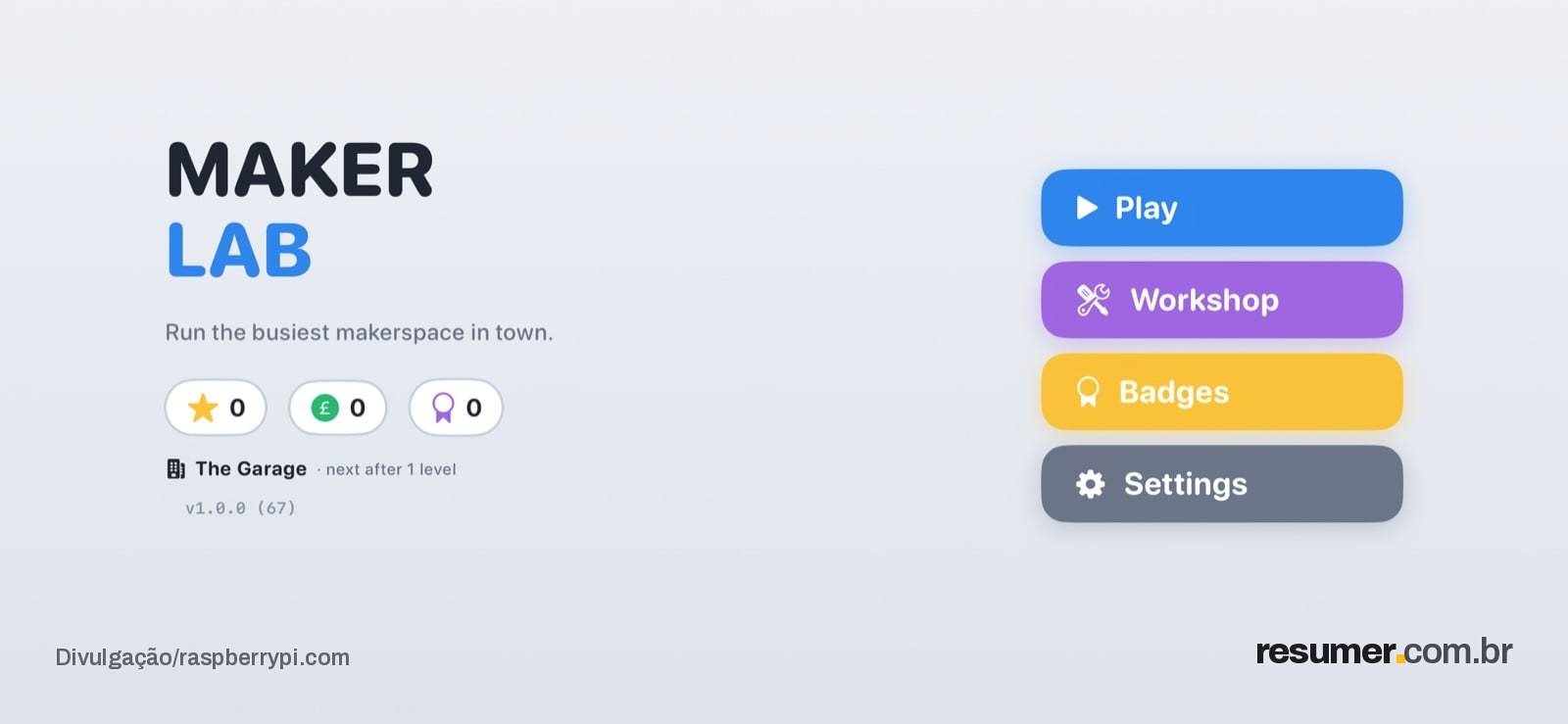 Tela do jogo Maker Lab em modo principal, exibindo o menu do jogo