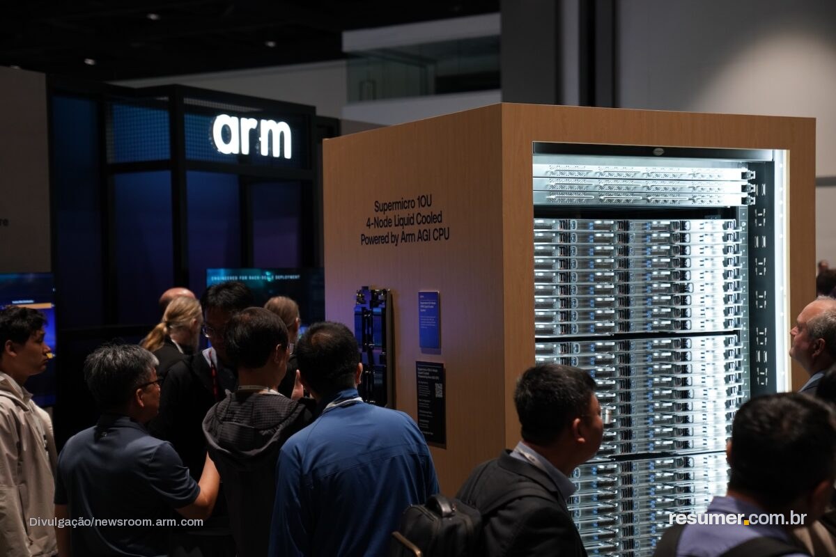 Chip AGI CPU da Arm em destaque sobre fundo branco