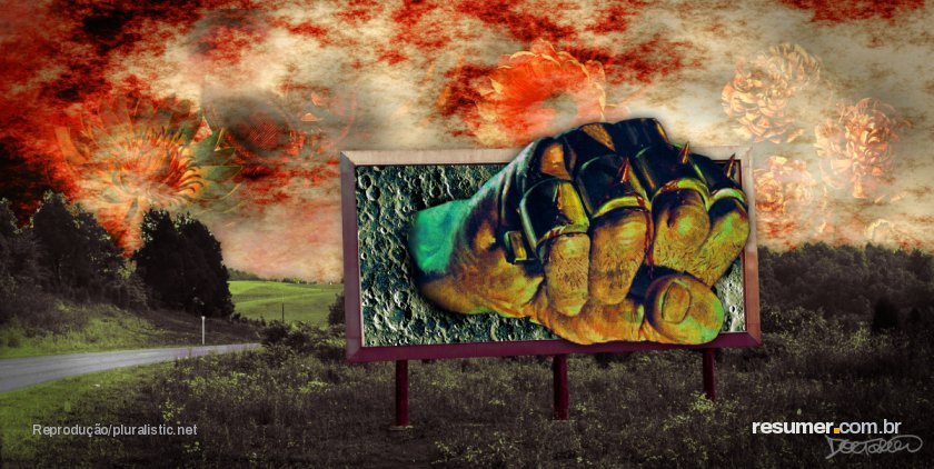 A lonely country road with a large roadside billboard. Thrusting out of the billboard is a punching fist with bloody, spiked