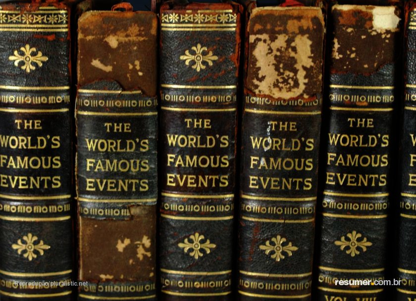 A shelf of leatherbound history books with a gilt-stamped series title, 'The World's Famous Events.'