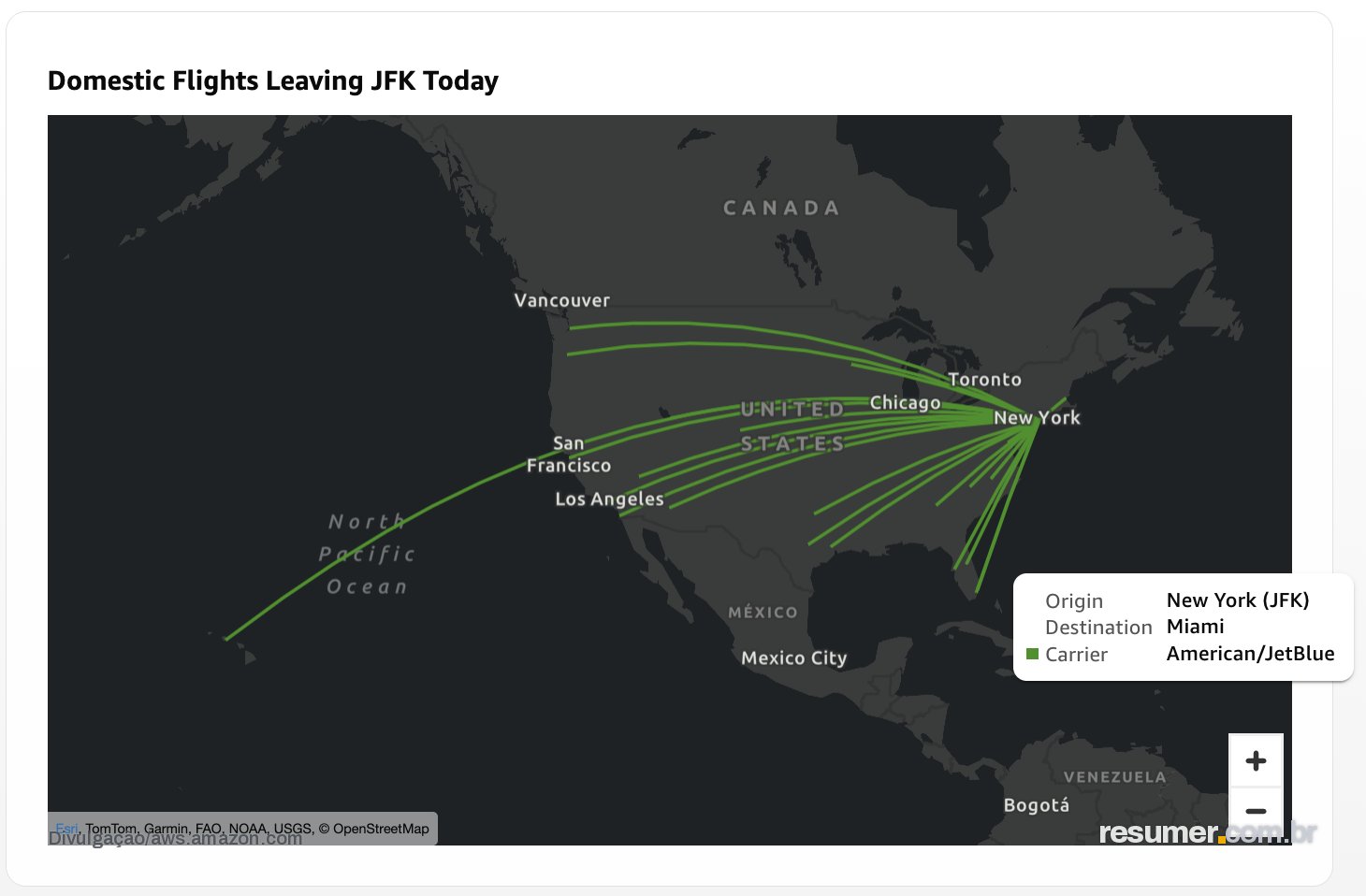 Layer map showing multiple flight paths radiating from JFK to destination cities