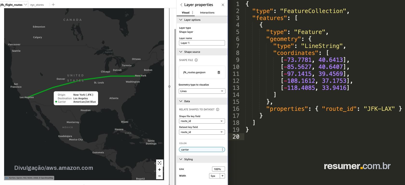 Amazon Quick Sight visualizando rotas e pontos em mapa com GeoJSON