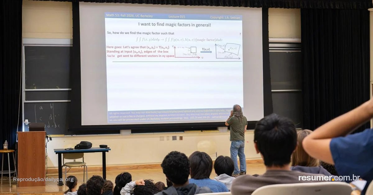 Professor de matemática da UC Berkeley com notebook e documentos sobre mesa