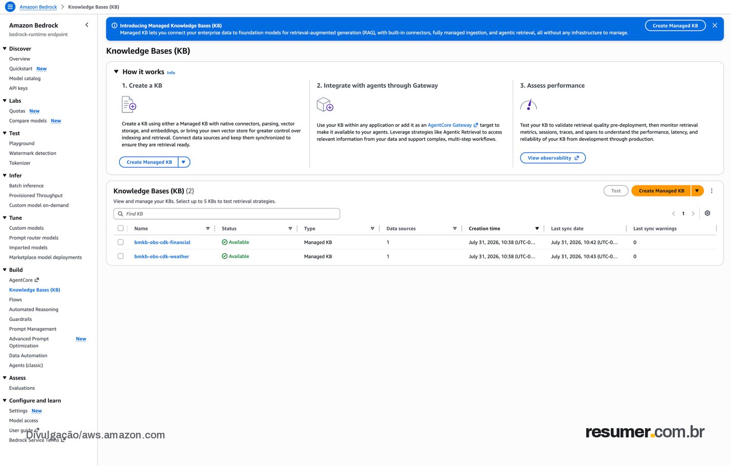 Managed ingestion result showing one document indexed per knowledge base with zero failures