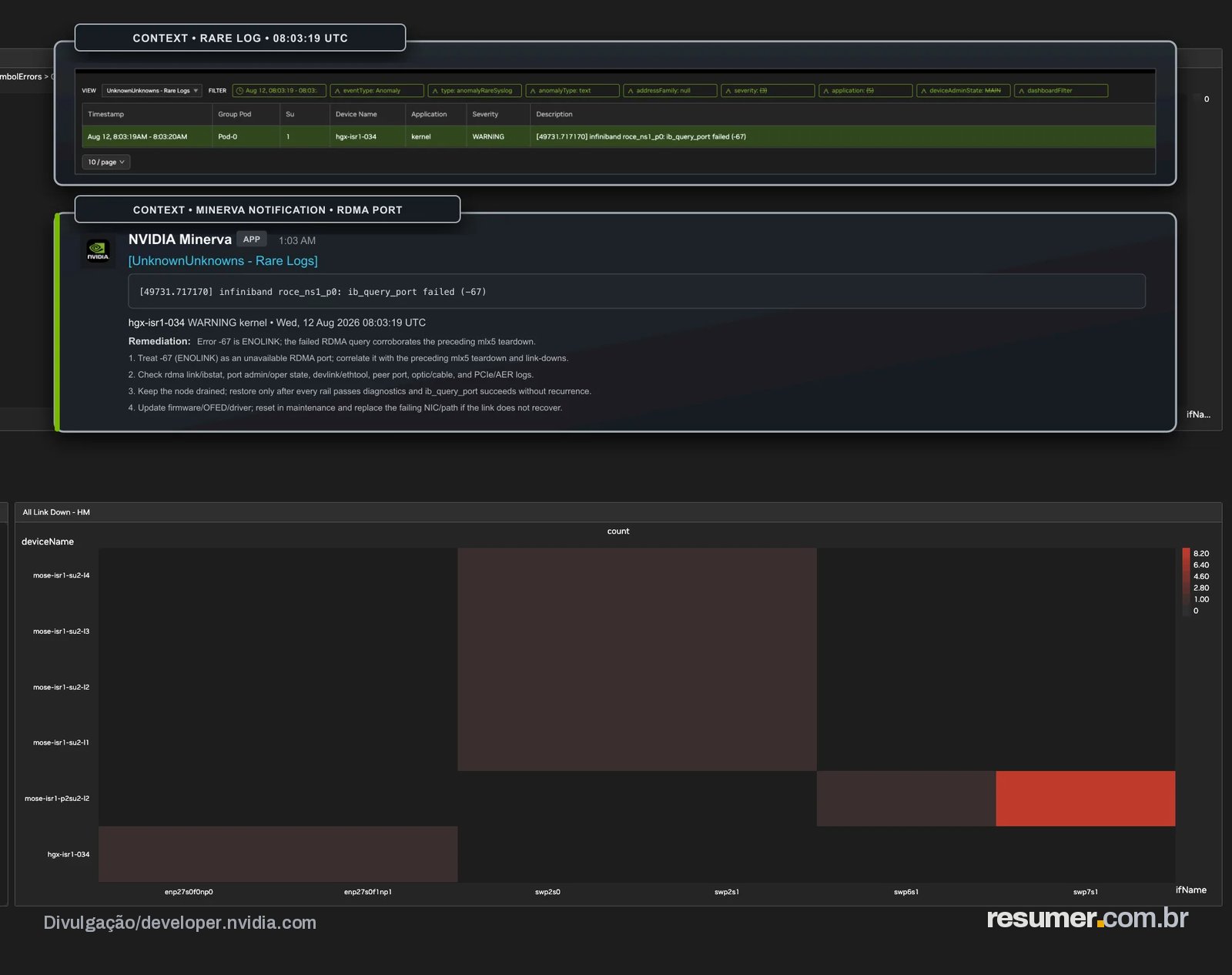 Screenshot of NVIDIA Minerva identifying an issue with a SuperNIC.